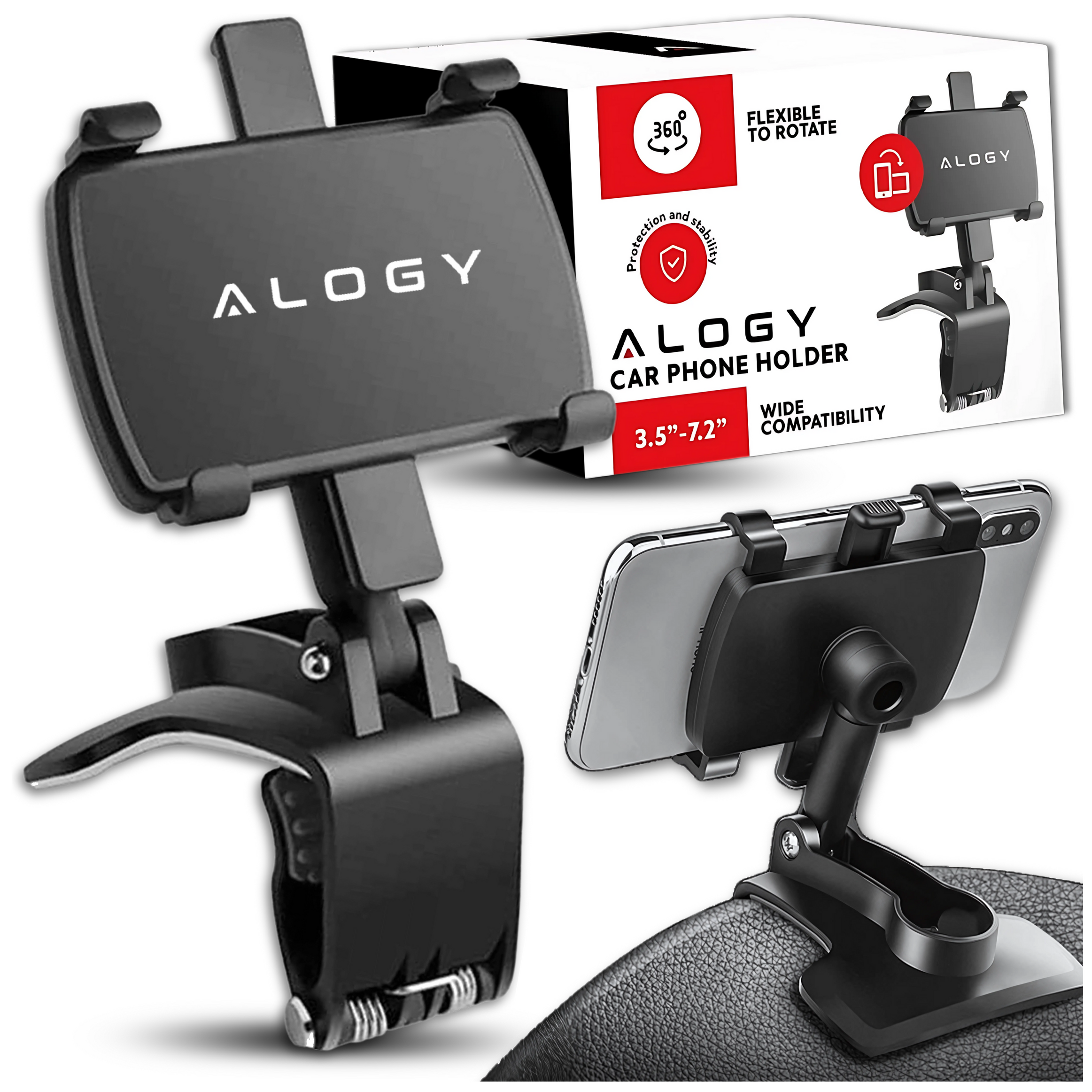 Na obrazie widoczny jest czarny uchwyt samochodowy na telefon z logo \'Alogy\', zamontowany na desce rozdzielczej. W tle znajduje się pudełko z napisem \'Alogy Car Phone Holder 3.5\'\'-7.2\'\'\', z informacjami o elastyczności i szerokiej kompatybilności.