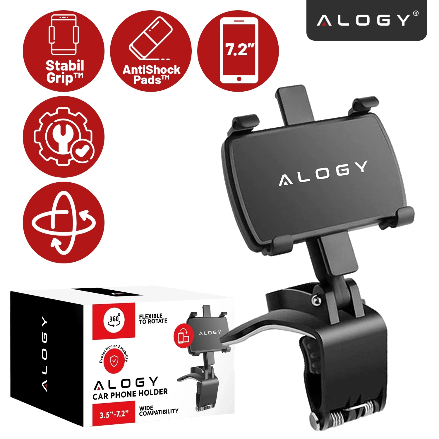 Na obrazie widoczny jest czarny uchwyt samochodowy na telefon marki Alogy, z logo \'ALOGY\' na uchwycie. Obok znajduje się pudełko z napisem \'ALOGY CAR PHONE HOLDER 3.5\