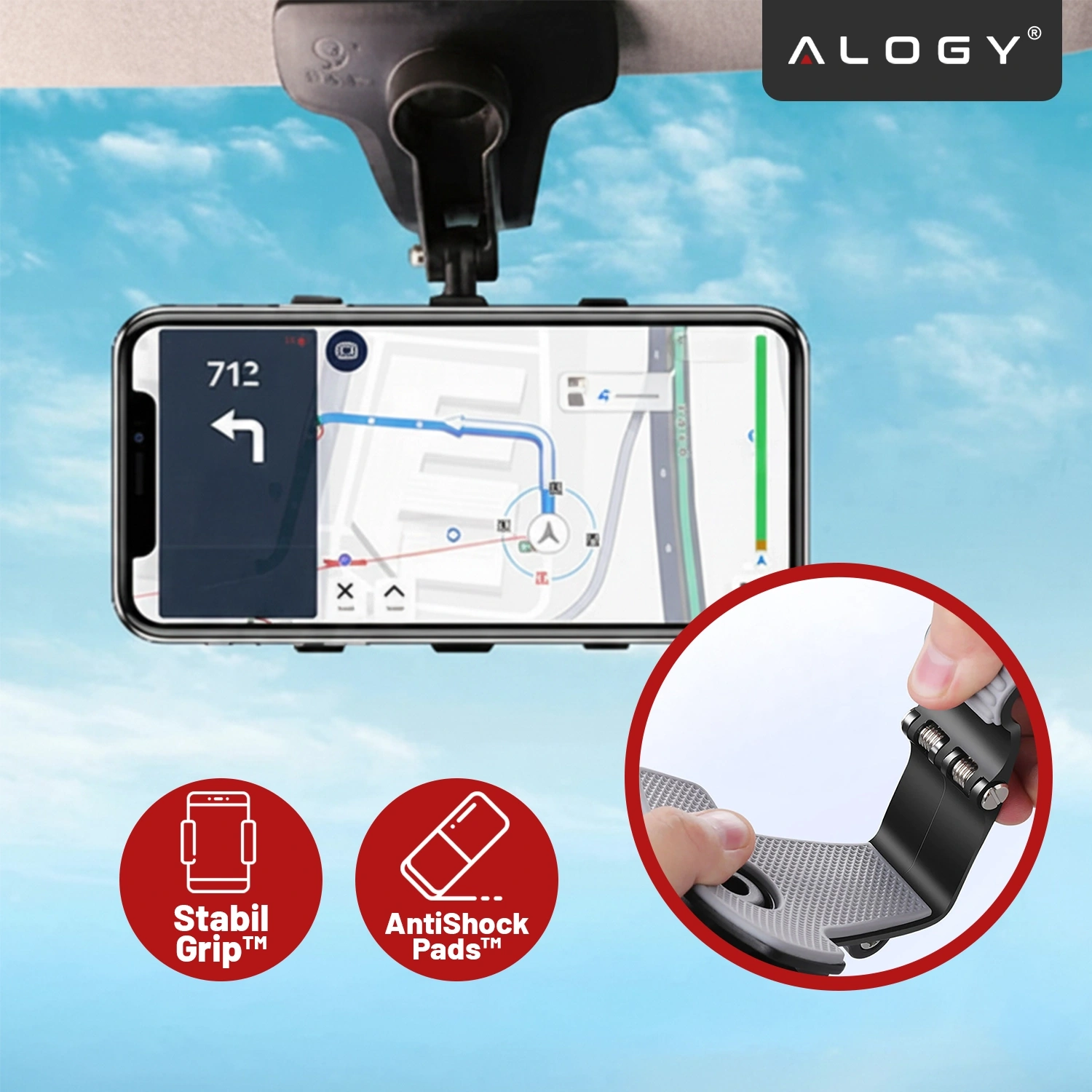 Uchwyt samochodowy na telefon zamontowany na lusterku, trzymający telefon z widoczną mapą na ekranie. Logo Alogy w prawym górnym rogu, a poniżej ikony z napisami \'Stabil Grip™\' i \'AntiShock Pads™\'.