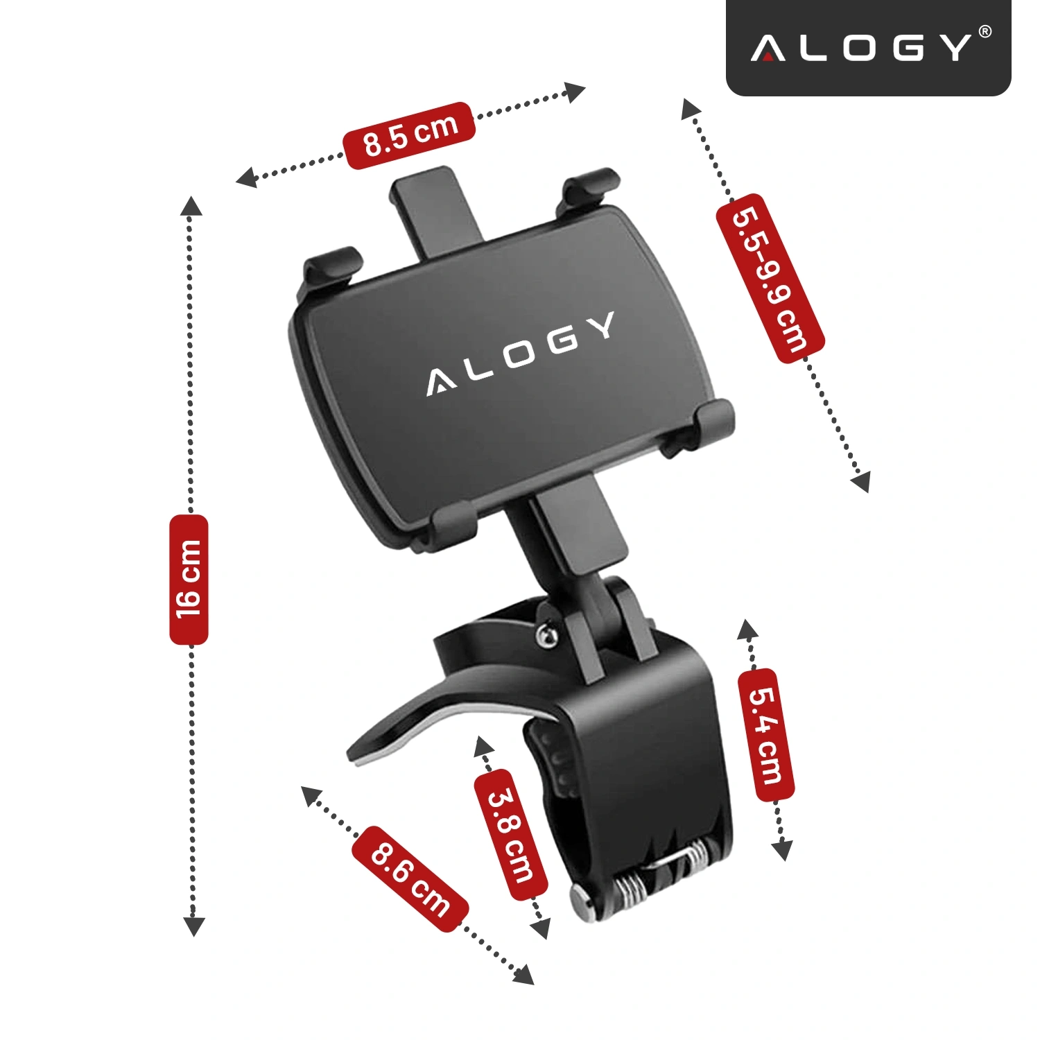 Czarny uchwyt samochodowy na telefon z logo \'ALOGY\', z wymiarami 16 cm, 8.5 cm, 5.5-9.9 cm, 8.6 cm, 3.8 cm i 5.4 cm zaznaczonymi na czerwono. Uchwyt posiada mechanizm montażowy z klamrą i śrubą.