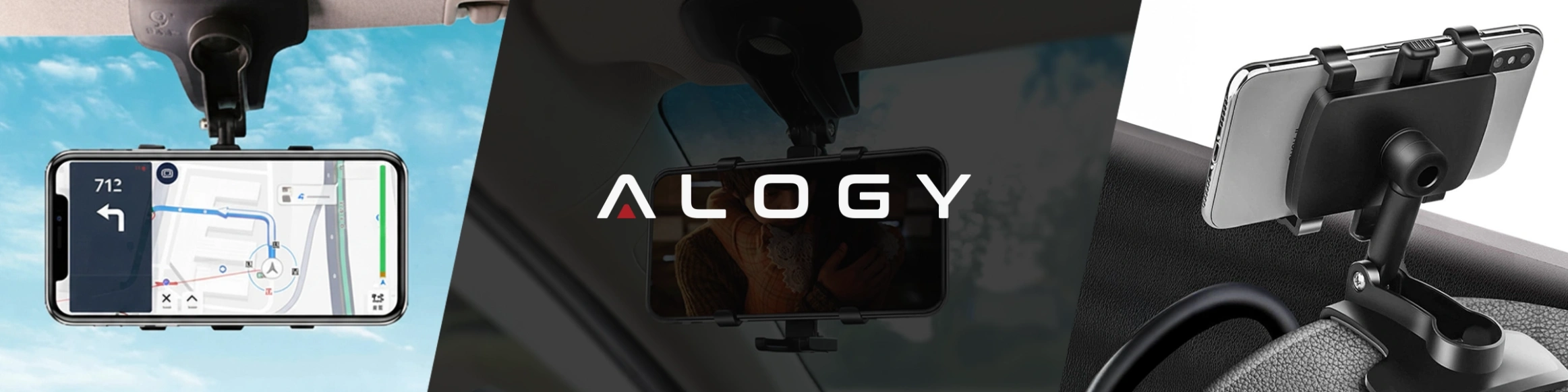 Obraz przedstawia trzy ujęcia uchwytu samochodowego na telefon zamontowanego w różnych miejscach w samochodzie. Na środku widoczne jest logo \'ALOGY\'.
