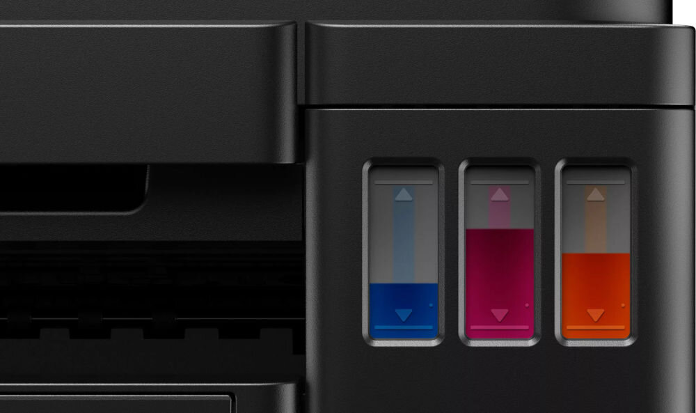 Urządzenie wielofunkcyjne CANON Pixma G2410 Druk w kolorze  zbliżenie na okienko z poziomem atramentu wskaźnik atramentu z przodu kontrola zużycia