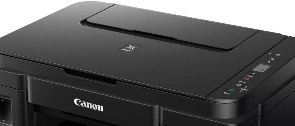 Urządzenie wielofunkcyjne CANON Pixma G2410 Druk w kolorze  zbliżenie na górną część urządzenia skaner czujnik CIS rozdzielczość szybkość sprawna archiwizacja dokumentów