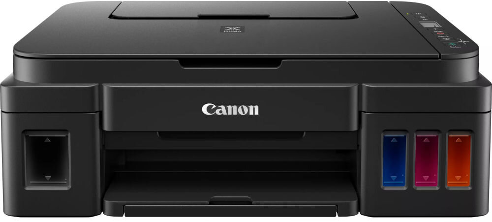 Urządzenie wielofunkcyjne CANON Pixma G2410 Druk w kolorze  prezentacja urządzenia od przodu na białym tle przeznaczenie cechy 3w1 organizacja przestrzeni