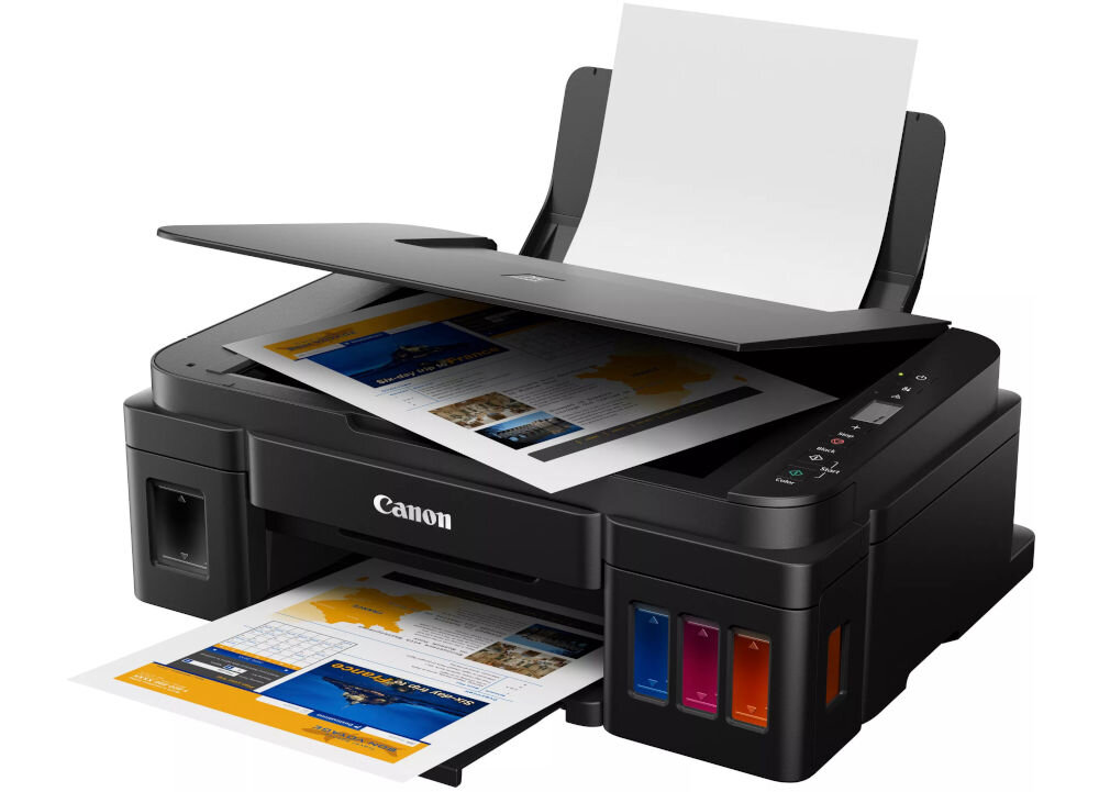 Urządzenie wielofunkcyjne CANON Pixma G2410 Druk w kolorze  oprogramowanie My Image Garden prezentacja urządzenia na białym tle pod kątem wbudowana funkcja rozpoznawania twarzy skrócenie selekcji materiałów