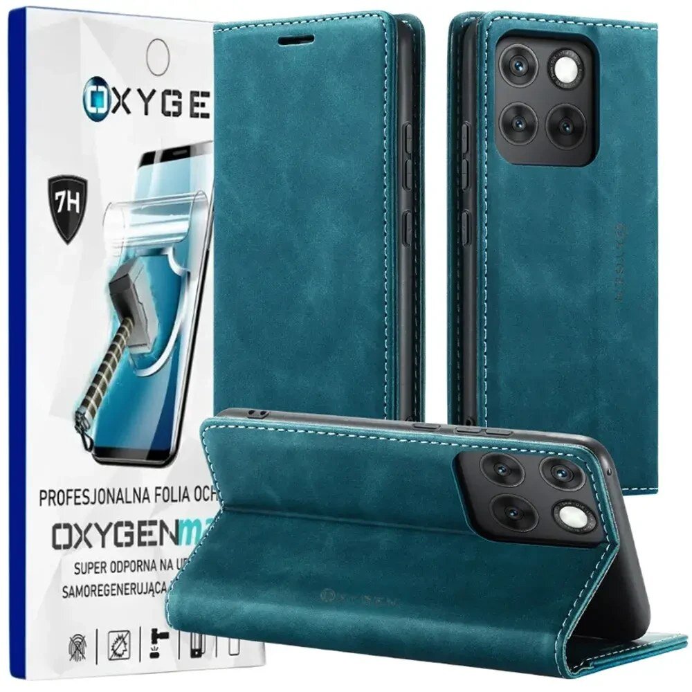 Na obrazie widoczne jest niebieskie etui na telefon z trzema aparatami oraz opakowanie z napisem \'OXYGEN\' i grafiką młotka uderzającego w ekran. Tekst na opakowaniu: \'PROFESJONALNA FOLIA OCHRONNA OXYGEN max SUPER ODPORNA NA UDERZENIA SAMOREGENERUJĄCA\'.