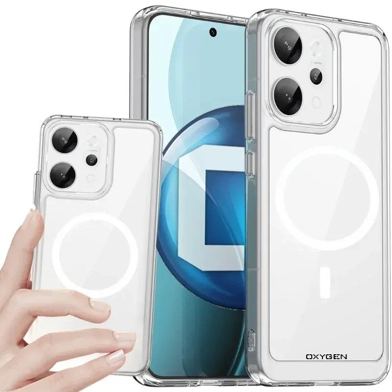Przezroczyste etui na telefon z widocznym logo \'OXYGEN\' i okrągłym wzorem na tylnej części. Etui jest pokazane na dwóch telefonach, z których jeden jest trzymany w dłoni.