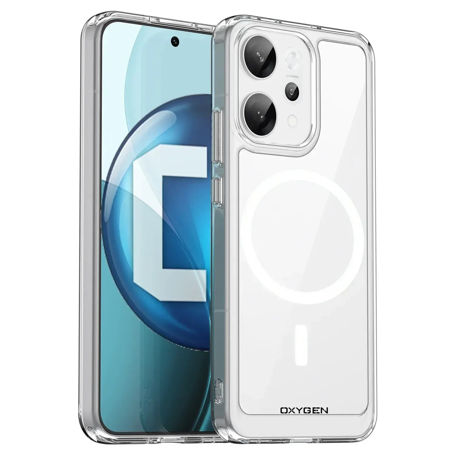 Przezroczyste etui na telefon z widocznym logo \'OXYGEN\' i okrągłym wzorem na tylnej części. Obok etui znajduje się telefon z wyświetlaczem pokazującym niebieski motyw graficzny.