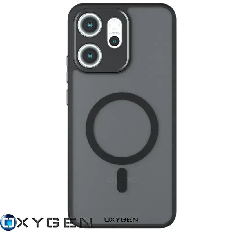 Etui na telefon w kolorze szarym z czarnym okręgiem na środku, przeznaczone do OPPO Reno14 FS. Widoczne logo \'OXYGEN\' na dole obrazu.