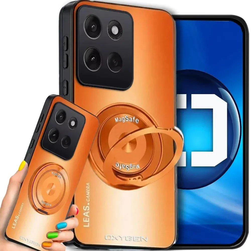 Obraz przedstawia pomarańczowe etui na telefon z napisem \'OXYGEN\' i \'LEAS. CAMERA\', z widocznym pierścieniem MagSafe. W tle znajduje się ekran telefonu z niebieskim logo przypominającym literę \'D\'.