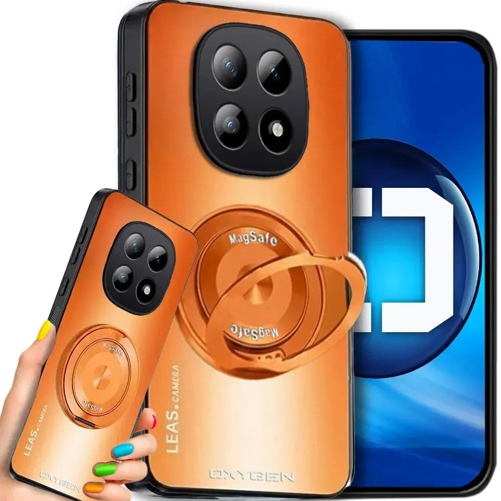 Obraz przedstawia pomarańczowe etui na telefon z napisem \'LEaS. CAMERA\' oraz \'OXYGEN\'. Etui posiada okrągły uchwyt z napisem \'MagSafe\'.