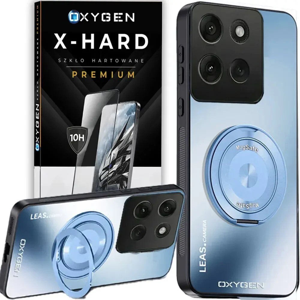 Obraz przedstawia etui na telefon z napisem \'OXYGEN\' i \'LEAS.CAMERA\', z niebieskim pierścieniem MagSafe. W tle widoczna jest opakowanie szkła hartowanego z napisem \'OXYGEN X-HARD SZKŁO HARTOWANE PREMIUM\'.