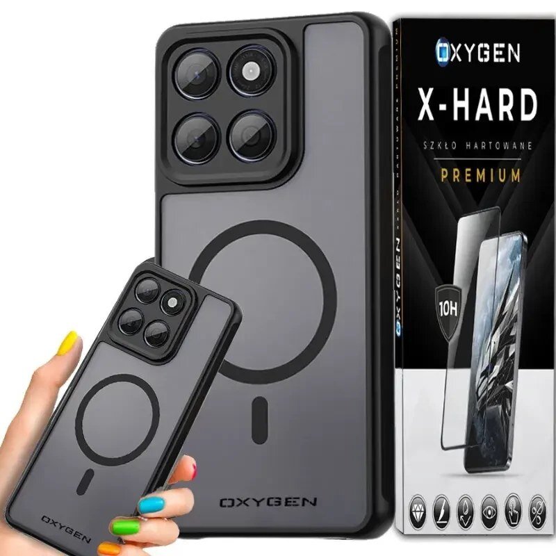 Obraz przedstawia etui na telefon z dużym modułem aparatu i okrągłym wzorem na tylnej części, trzymane w dłoni. Obok znajduje się opakowanie z napisem \'OXYGEN X-HARD Szkło Hartowane Premium\'.