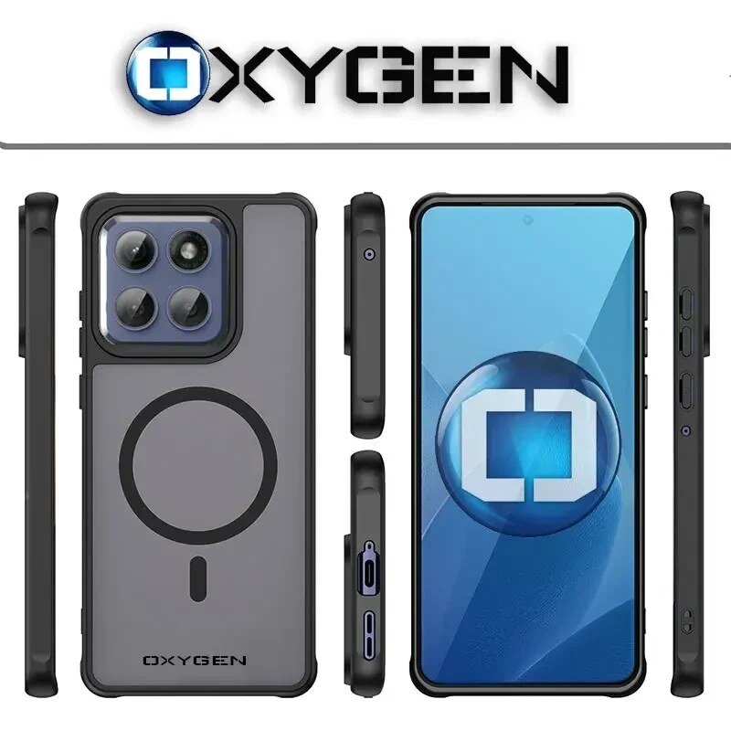 Obraz przedstawia etui na telefon z logo OXYGEN, widoczne z różnych perspektyw. Etui ma ciemny kolor z okrągłym wzorem na tylnej części oraz wycięciami na aparat i porty.