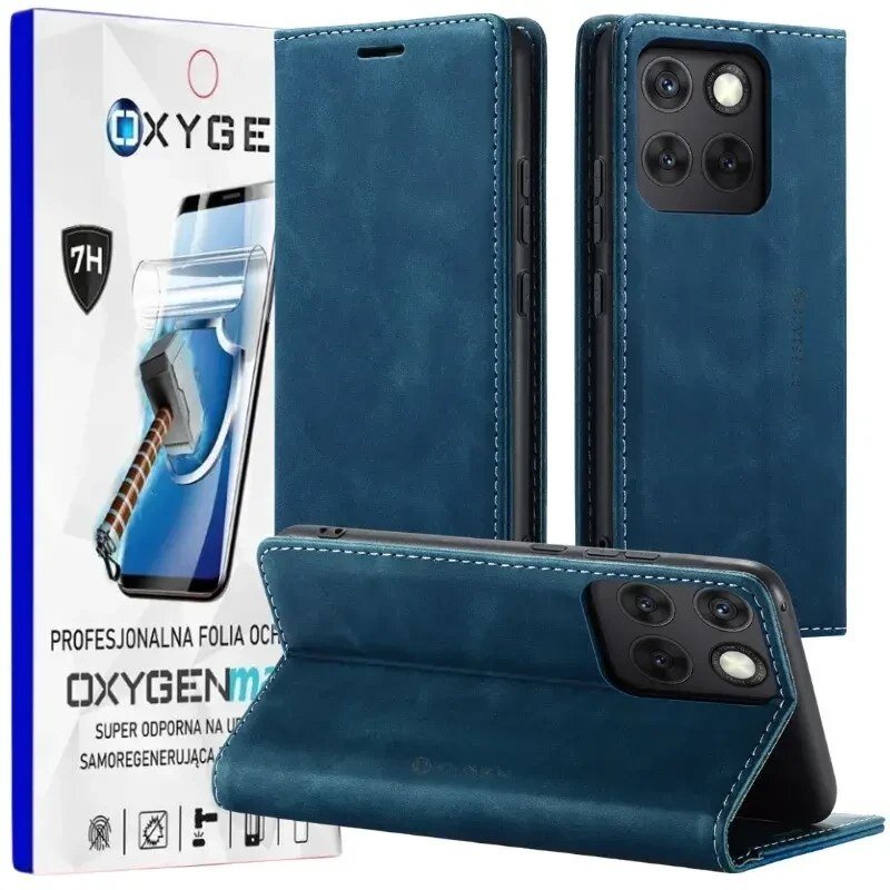 Na obrazie widoczne jest niebieskie etui na telefon z trzema aparatami oraz opakowanie z napisem \'OXYGEN\' i grafiką młotka uderzającego w ekran telefonu. Opakowanie zawiera tekst: \'PROFESJONALNA FOLIA OCHRONNA OXYGENmax SUPER ODPORNA NA UDERZENIA SAMOREGENERUJĄCA\'.