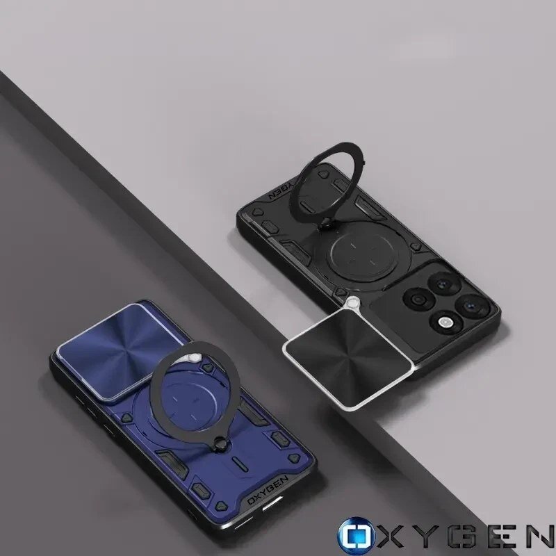 Na obrazie widoczne są dwa etui na telefon w kolorach niebieskim i czarnym, z okrągłymi uchwytami. W prawym dolnym rogu znajduje się logo OXYGEN.