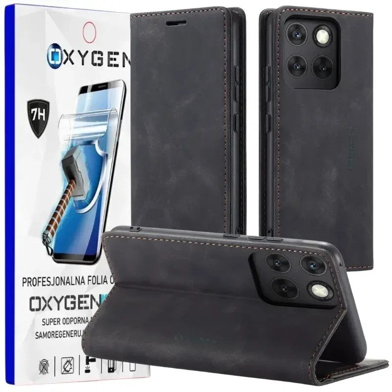 Na obrazie widoczne jest czarne etui na telefon z trzema aparatami oraz opakowanie z napisem \'OXYGEN\'. Na opakowaniu znajduje się również grafika młotka uderzającego w ekran telefonu oraz tekst \'PROFESJONALNA FOLIA OCHRONNA\' i \'SUPER ODPORNA SAMOREGENERUJĄCA\'.