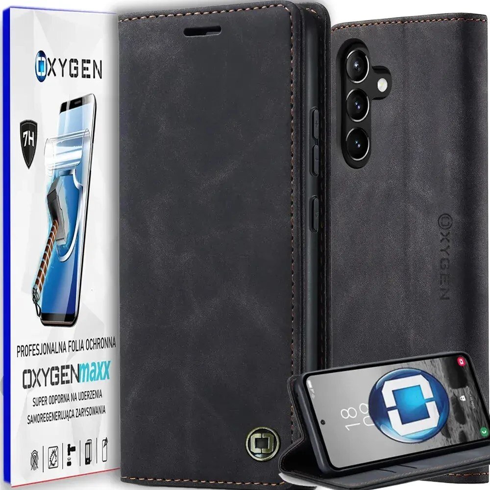 Na obrazie widoczne jest czarne etui na telefon z trzema wycięciami na aparaty oraz logo \'OXYGEN\'. Obok znajduje się opakowanie z napisem \'PROFESJONALNA FOLIA OCHRONNA OXYGEN maxx SUPER ODPORNA NA UDERZENIA SAMOREGENERUJĄCA ZARYSOWANIA\'.