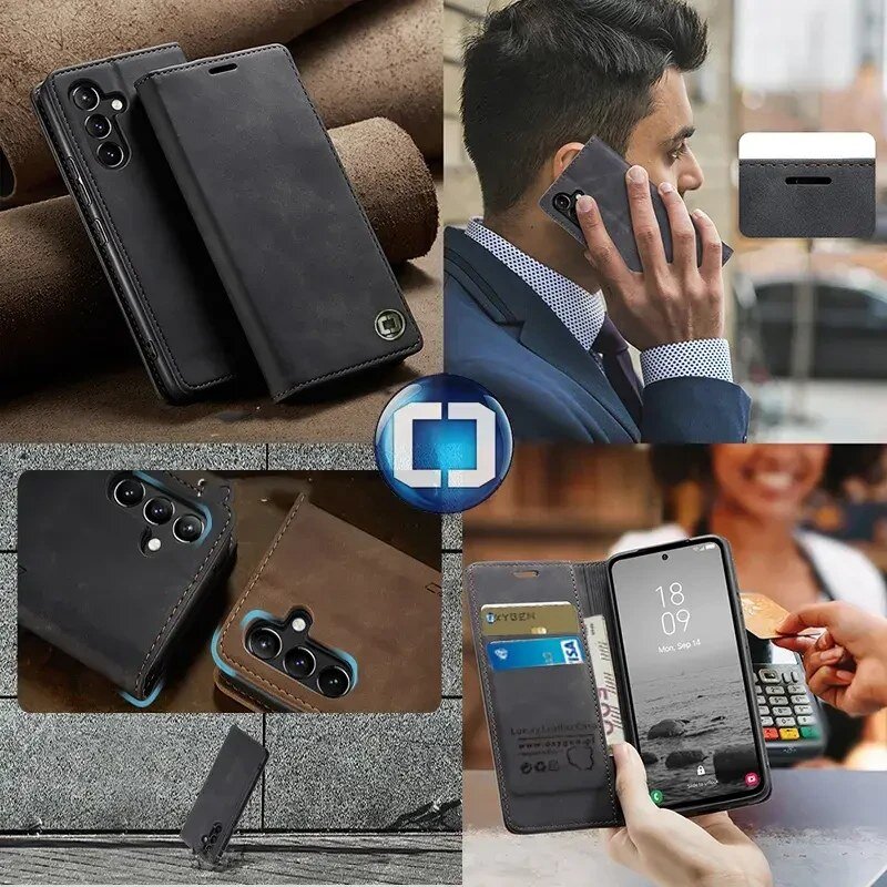Na obrazie widoczne są różne ujęcia etui na telefon w kolorze czarnym, z miejscem na karty i logo producenta. W tle znajduje się osoba rozmawiająca przez telefon z założonym etui oraz zbliżenie na ekran telefonu z godziną 18:09.