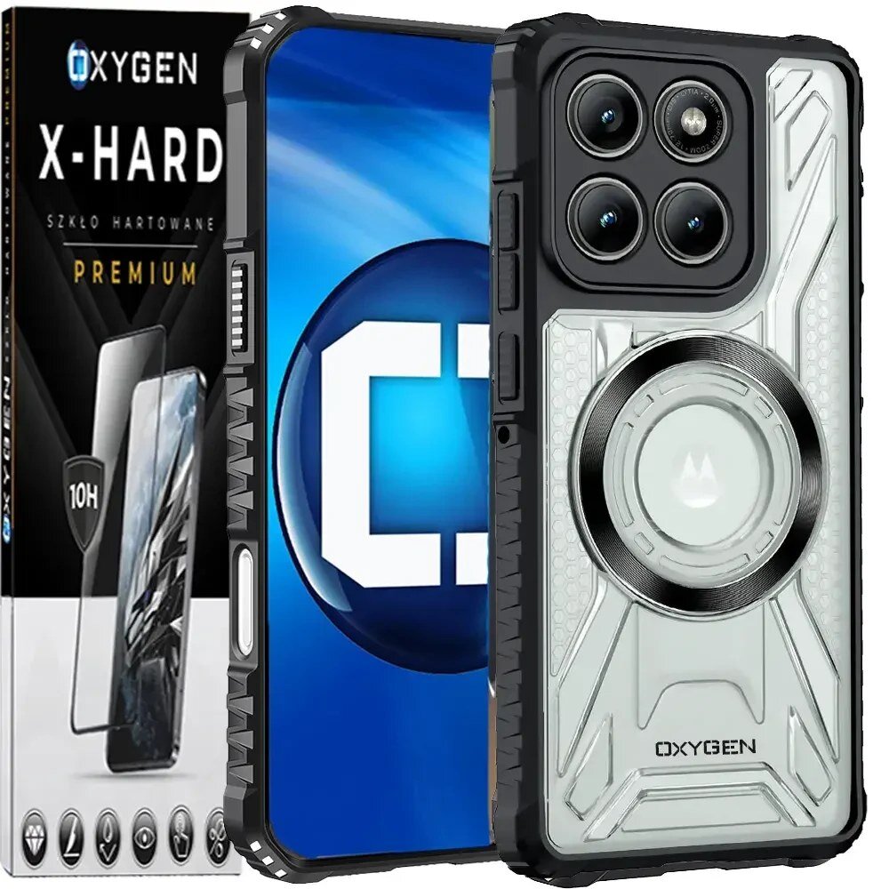 Obraz przedstawia etui na telefon z trzema widocznymi obiektywami aparatu oraz opakowanie szkła hartowanego z napisem \'OXYGEN X-HARD PREMIUM\'. Etui ma przezroczystą tylną część z okrągłym wzorem i logo \'OXYGEN\'.