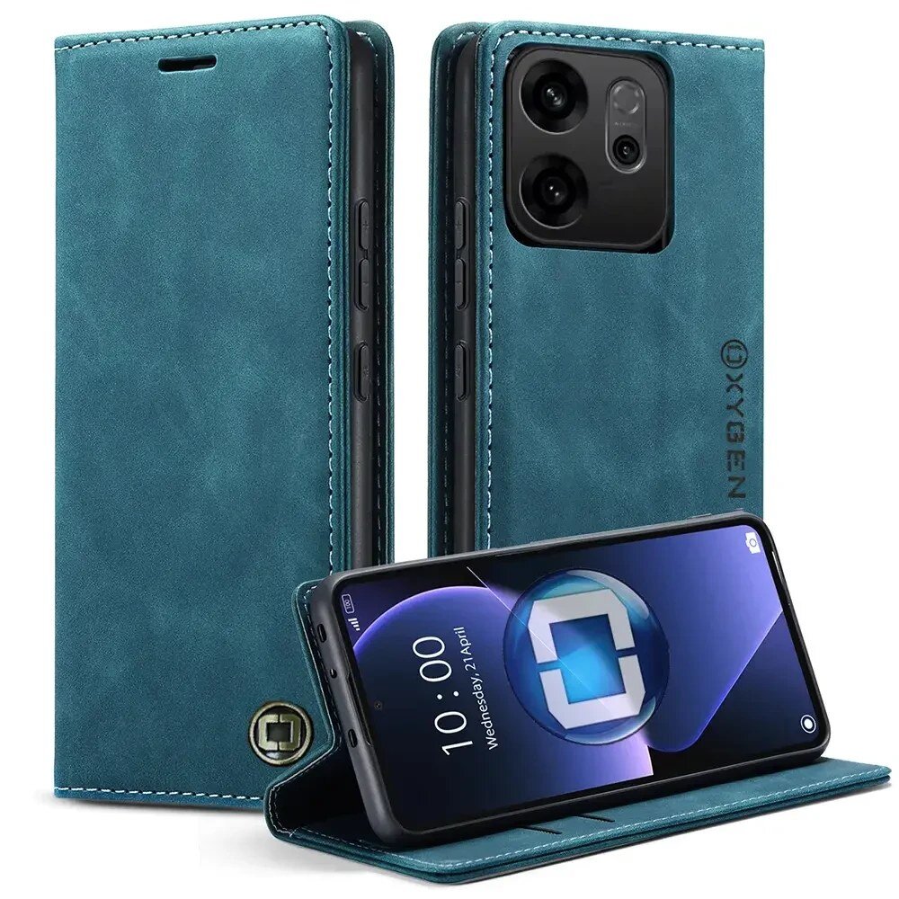 Na obrazie widoczne jest etui na telefon w kolorze niebieskim z logo \'OXYGEN\'. Etui jest otwarte, a w środku znajduje się telefon z wyświetlaczem pokazującym godzinę 10:00 i datę Wednesday, 12 April.
