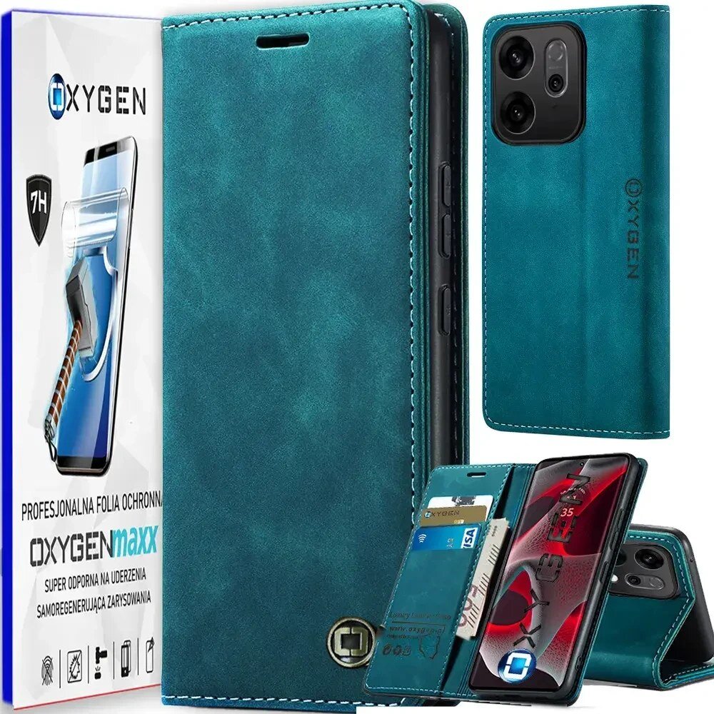 Obraz przedstawia turkusowe etui na telefon z logo OXYGEN, z miejscem na karty wewnątrz. Obok znajduje się opakowanie z napisem \'PROFESJONALNA FOLIA OCHRONNA OXYGENmaxx SUPER ODPORNA NA UDERZENIA SAMOREGENERUJĄCA ZARYSOWANIA\'.