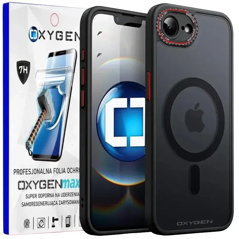 Na obrazie widoczne jest czarne etui na telefon z logo jabłka oraz opakowanie z napisem \'OXYGENmax\'. Opakowanie zawiera grafikę młotka uderzającego w ekran telefonu oraz tekst \'PROFESJONALNA FOLIA OCHRONNA\', \'SUPER ODPORNA NA UDERZENIA\', \'SAMOREGENERUJĄCA ZARYSOWANIA\'.