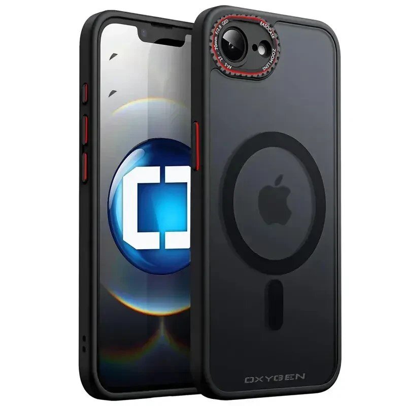 Obraz przedstawia czarne etui na telefon z logo Apple i napisem \'OXYGEN\' na dole. Etui posiada okrągły wzór MagSafe i czerwone akcenty przy przyciskach.