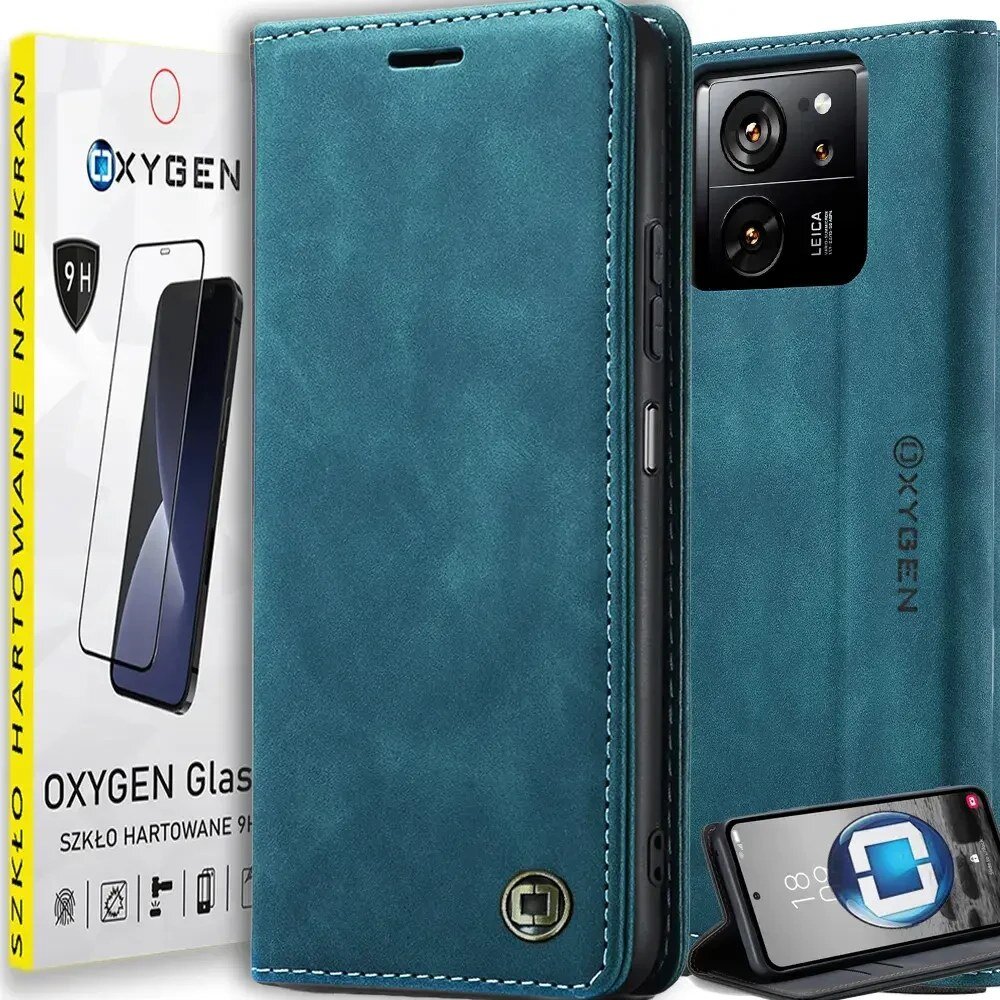Obraz przedstawia niebieskie etui na telefon z logo OXYGEN oraz opakowanie szkła hartowanego 9H. Na etui widoczne są przyciski telefonu i aparat fotograficzny.