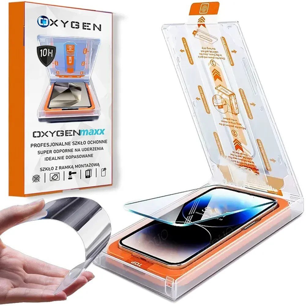Na obrazie widoczny jest zestaw ochronny do telefonu, w skład którego wchodzi szkło ochronne oraz ramka montażowa. Opakowanie produktu zawiera napis: \'OXYGENmaxx PROFESJONALNE SZKŁO OCHRONNE SUPER ODPORNE NA UDERZENIA IDEALNIE DOPASOWANE SZKŁO Z RAMKĄ MONTAŻOWĄ\'.