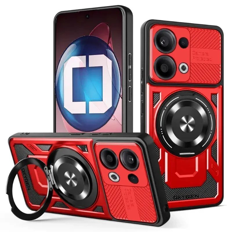 Obraz przedstawia czerwone etui na telefon z okrągłym uchwytem i miejscem na aparat. Na ekranie telefonu widoczny jest niebieski symbol z białym wzorem w kształcie litery C.