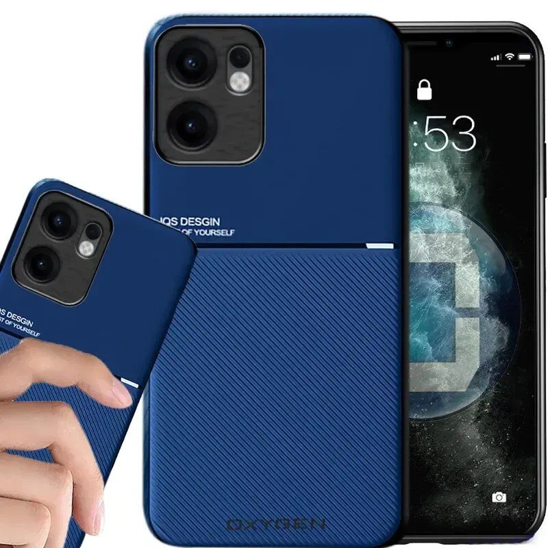 Na obrazie widoczne jest niebieskie etui na telefon z napisem \'IQS DESIGN BE YOURSELF\' oraz \'OXYGEN\'. Obok znajduje się telefon z wyświetlaczem pokazującym godzinę 1:53.