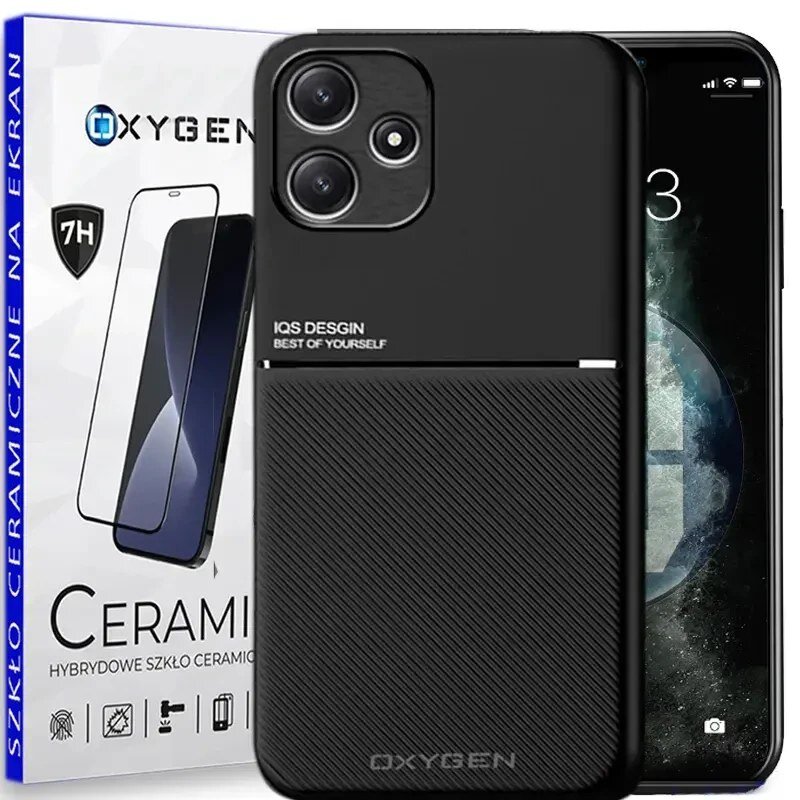 Na obrazie widoczne jest czarne etui na telefon z napisem \'IQS DESIGN BEST OF YOURSELF\' oraz opakowanie z napisem \'OXYGEN\' i \'SZKŁO CERAMICZNE NA EKRAN\'.