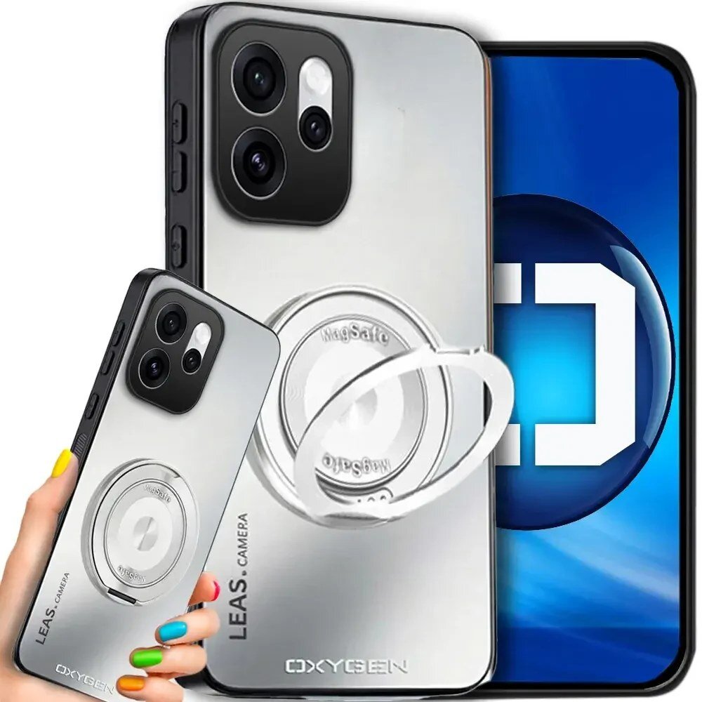 Obraz przedstawia etui na telefon z napisem \'LEAS. CAMERA\' oraz \'OXYGEN\'. Etui posiada okrągły uchwyt z napisem \'MagSafe\'.