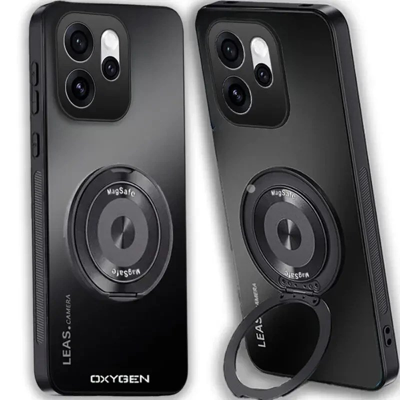 Obraz przedstawia czarne etui na telefon z okrągłym uchwytem oznaczonym napisem \'MagSafe\'. Na etui widoczne są napisy \'LEAS - CAMERA\' oraz \'OXYGEN\'.
