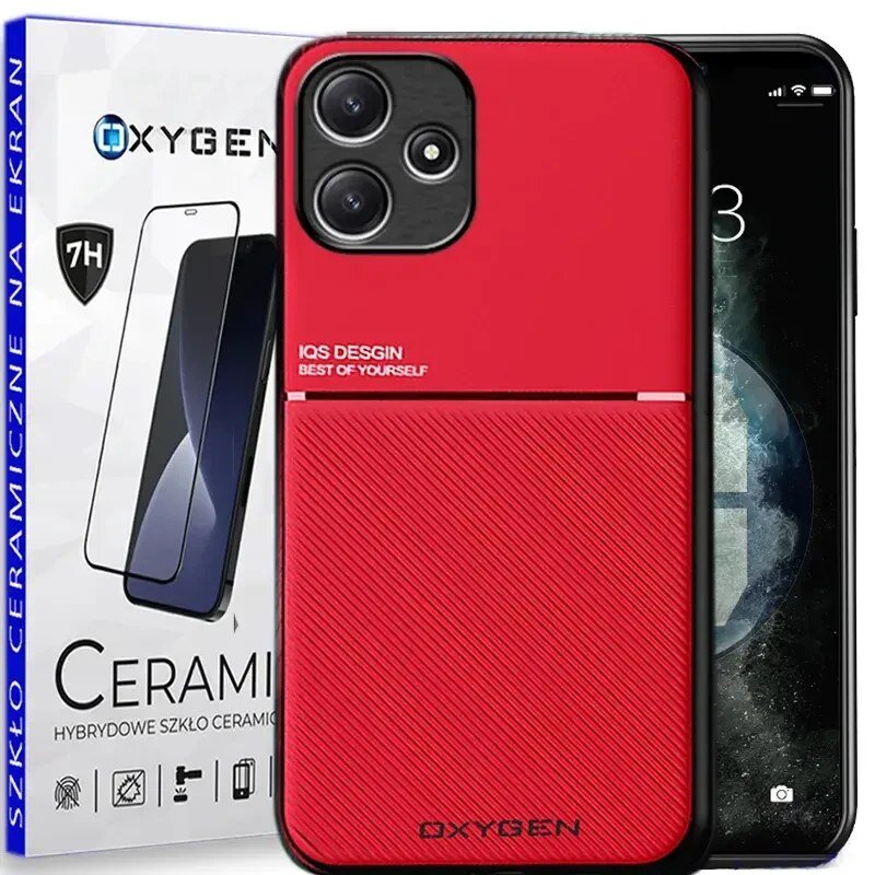 Na obrazie widoczne jest czerwone etui na telefon z napisem \'IQS DESIGN BEST OF YOURSELF\' oraz opakowanie szkła ceramicznego z logo \'OXYGEN\'.
