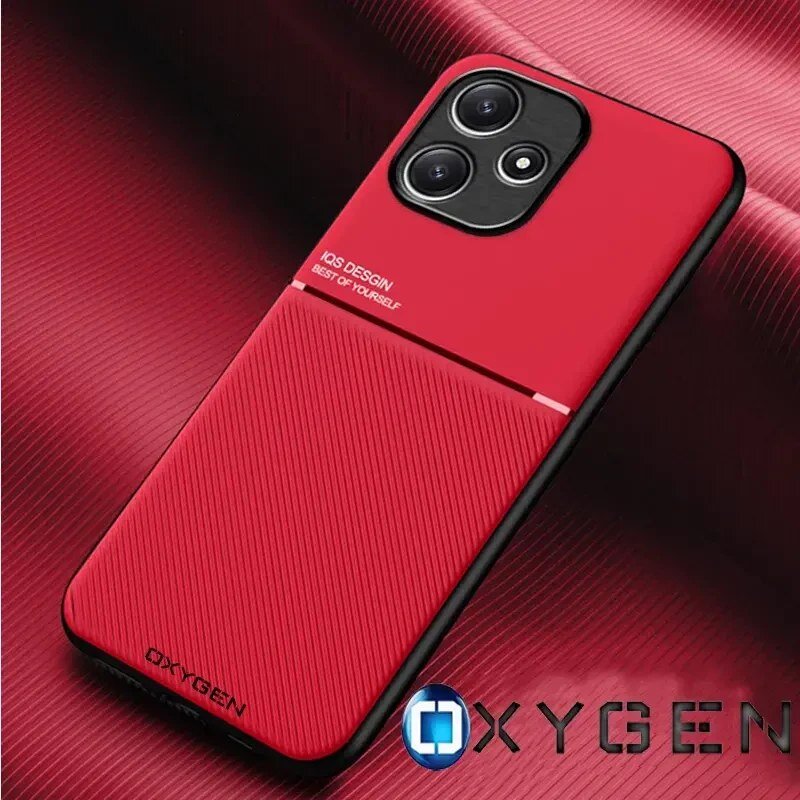 Czerwone etui na telefon z trzema otworami na aparat, z tekstem \'IQS DESIGN BEST OF YOURSELF\' oraz \'OXYGEN\'.