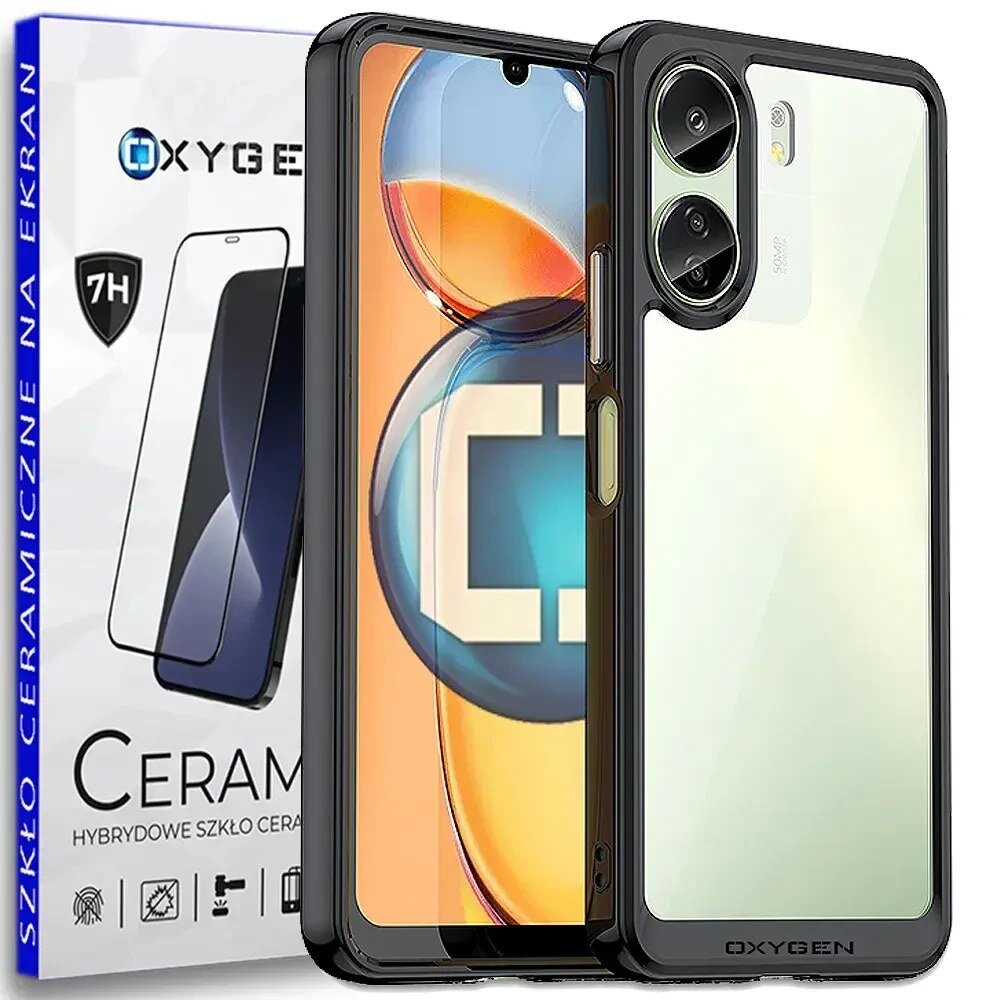 Obraz przedstawia etui na telefon z przezroczystym tyłem i czarnymi krawędziami, obok znajduje się opakowanie z napisem \'OXYGEN\' oraz \'CERAMIC HYBRYDOWE SZKŁO CERAMICZNE\'.