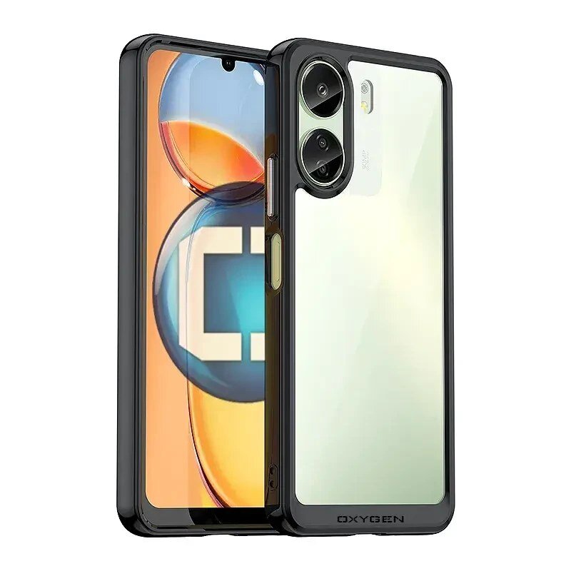 Obraz przedstawia przezroczyste etui na telefon z czarnymi krawędziami, z widocznym napisem \'OXYGEN\' na dole. W tle widać telefon z kolorowym ekranem i podwójnym aparatem fotograficznym.