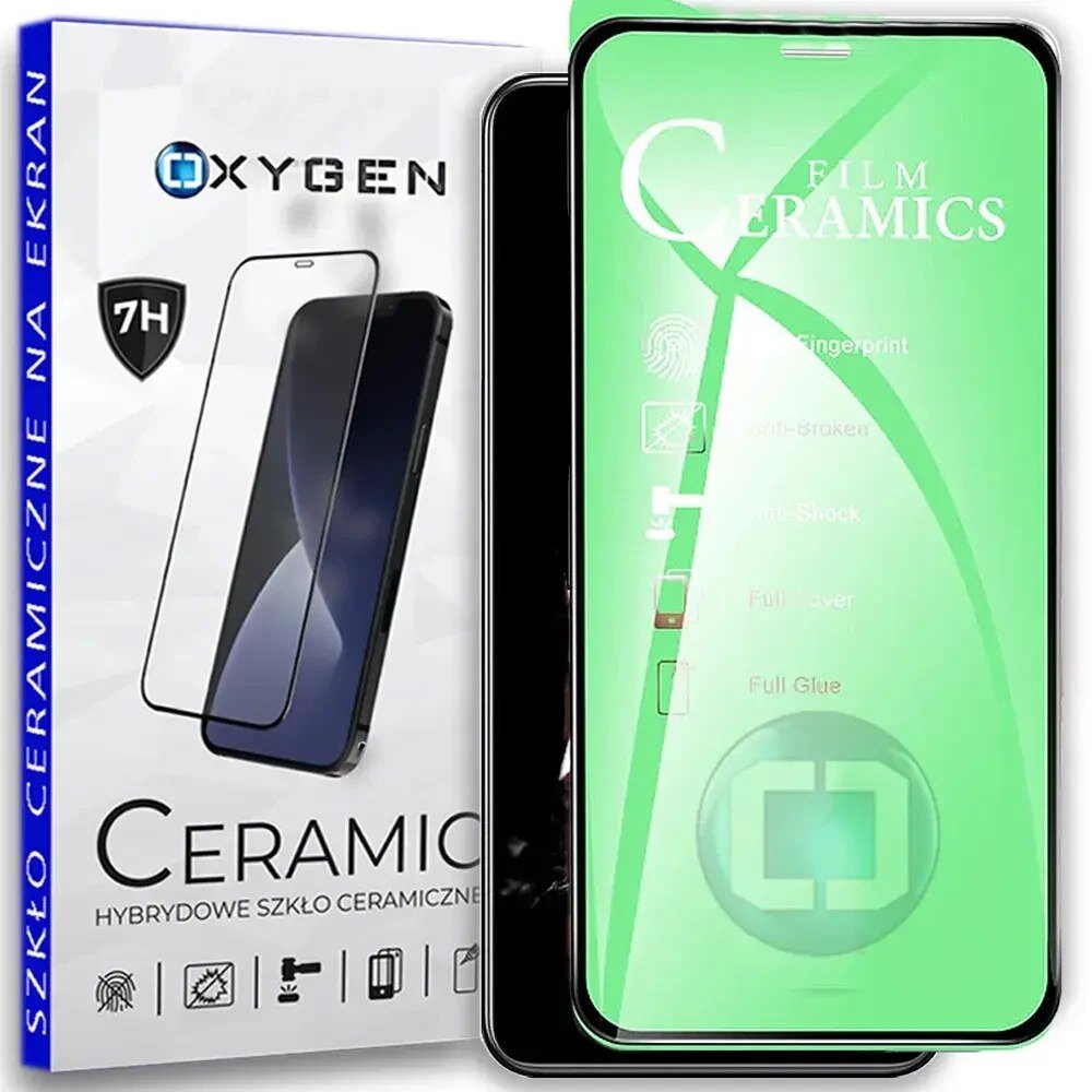 Opakowanie produktu z napisem \'OXYGEN\' i \'CERAMIC\' oraz grafiką przedstawiającą szkło ochronne na telefon. Widoczny jest również zielony ekran z napisem \'FILM CERAMICS\' i ikonami wskazującymi na cechy produktu.