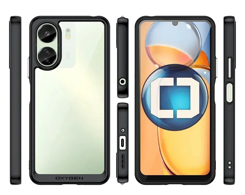Obraz przedstawia etui na telefon z napisem \'OXYGEN\', widoczne z różnych perspektyw. Na ekranie telefonu znajduje się grafika z dużym symbolem w kształcie litery \'C\'.