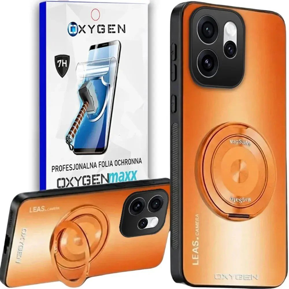 Obraz przedstawia pomarańczowe etui na telefon z okrągłym uchwytem oraz opakowanie z napisem \'OXYGENmaxx\' i grafiką młotka uderzającego w ekran. Na etui widoczne są napisy \'LEAS CAMERA\' i \'OXYGEN\'.