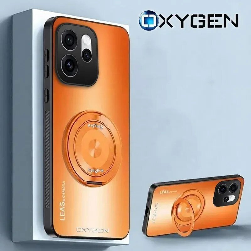 Obraz przedstawia pomarańczowe etui na telefon z napisem \'LEAS CAMERA\' i \'OXYGEN\'. Widoczne jest logo OXYGEN oraz okrągły element z napisem \'MagSafe\'.
