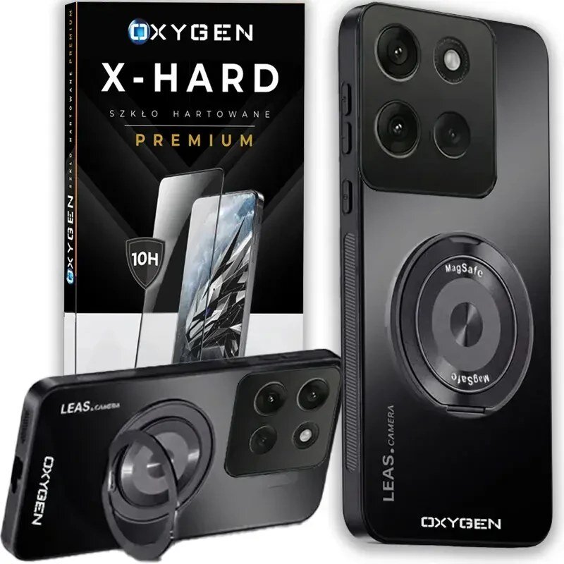 Na obrazie widoczne jest etui na telefon z trzema dużymi otworami na aparat oraz okrągłym uchwytem MagSafe. Obok znajduje się opakowanie szkła hartowanego z napisem \'OXYGEN X-HARD SZKŁO HARTOWANE PREMIUM\'.