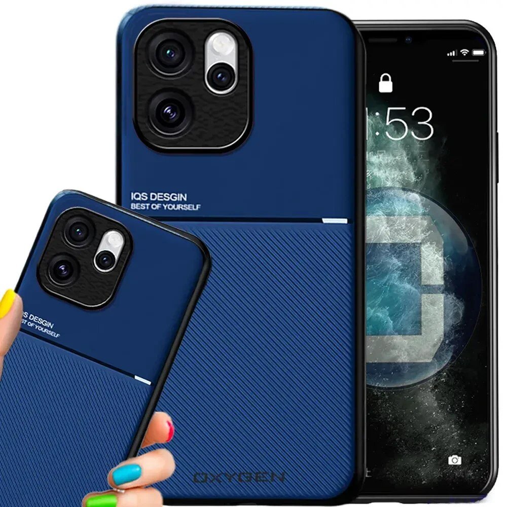 Na obrazie widoczne jest niebieskie etui na telefon z napisem \'IQS DESIGN BEST OF YOURSELF\' oraz \'OXYGEN\'.