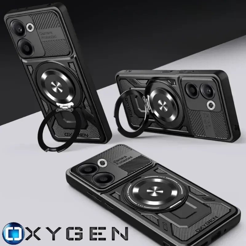 Na obrazie widoczne są trzy etui na telefon z pierścieniem, każde z napisem \'OXYGEN\'. W dolnym rogu znajduje się logo \'OXYGEN\'.