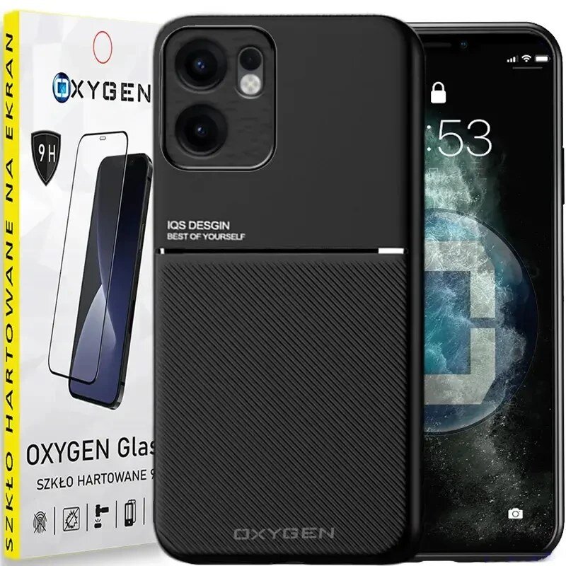 Na obrazie widoczne jest czarne etui na telefon z napisem \'IQS DESIGN BEST OF YOURSELF\' oraz opakowanie szkła hartowanego z logo \'OXYGEN\'.