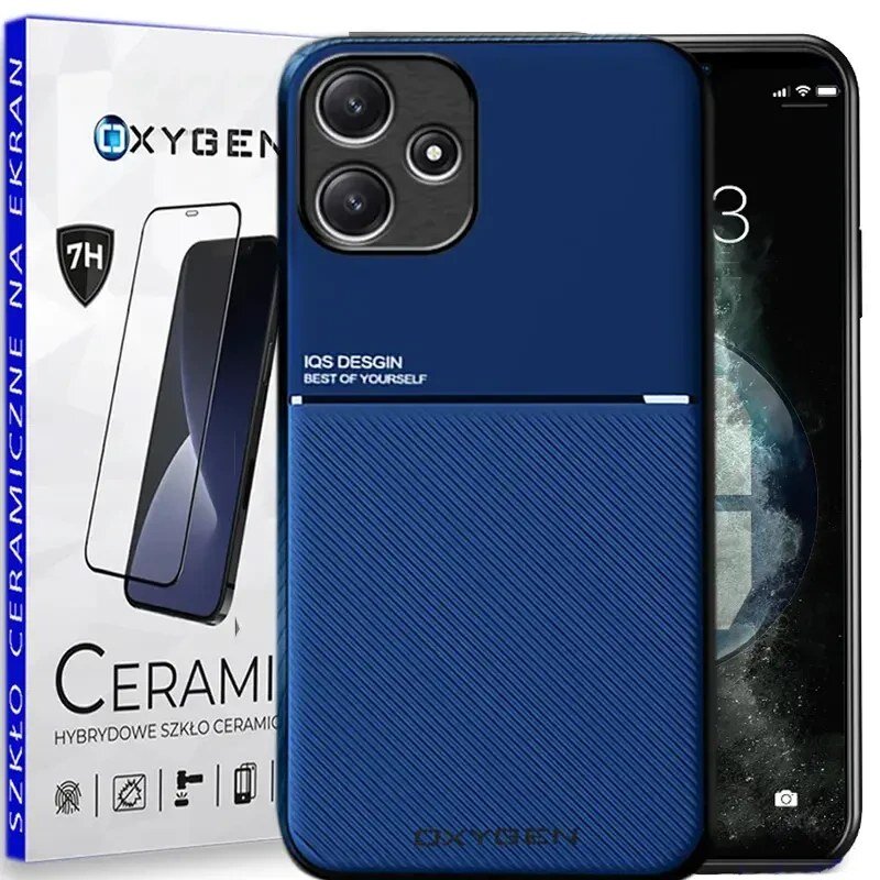 Na obrazie widoczne jest niebieskie etui na telefon z napisem \'IQS DESIGN BEST OF YOURSELF\' oraz opakowanie szkła ceramicznego z logo \'OXYGEN\'.