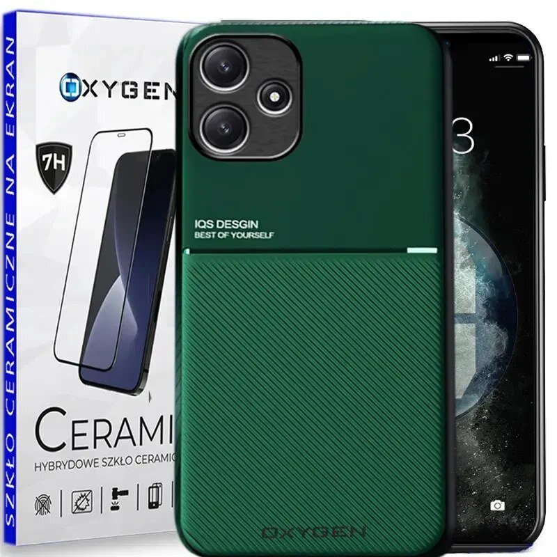 Na obrazie widoczne jest zielone etui na telefon z napisem \'IQS DESIGN BEST OF YOURSELF\' oraz opakowanie szkła ceramicznego z logo \'OXYGEN\'.