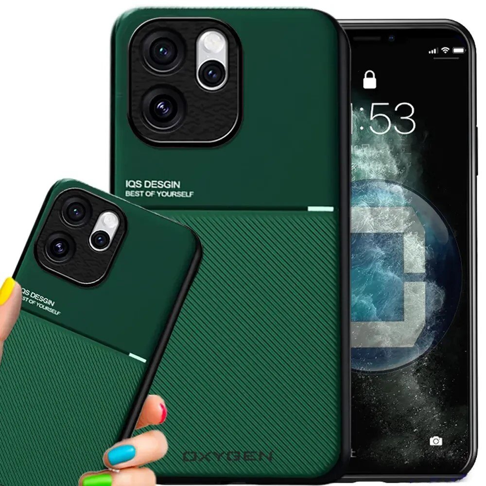 Zielone etui na telefon z napisem \'IQS DESIGN BEST OF YOURSELF\' oraz \'OXYGEN\'. Obok etui widoczny jest telefon z wyświetlaczem pokazującym godzinę 1:53.